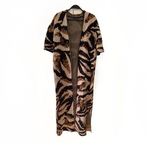 Tiger Print Knit Duster Cardigan Maxi Open Front Brown Tan